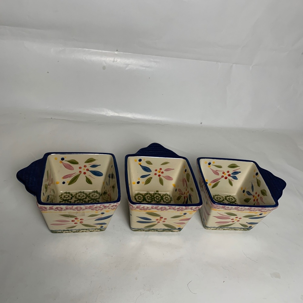 Temp-tations Ramekin Set 3 Old World Floral Square 10oz Ceramic Blue EUC